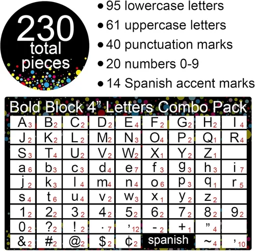 Vista 3 de 230 letras de confeti para tablón de anuncios de 4 pulgadas, recortes de letras de confeti para tablón de pósteres, letras del alfabeto de clase