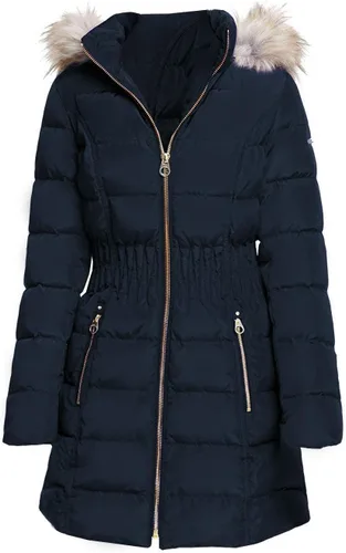 Vista 22 de Laundry by Shelli Segal womens Quilted Puffer Coat with Faux Fur-Trimmed Hood & Fit-and-Flare Waist Hueso