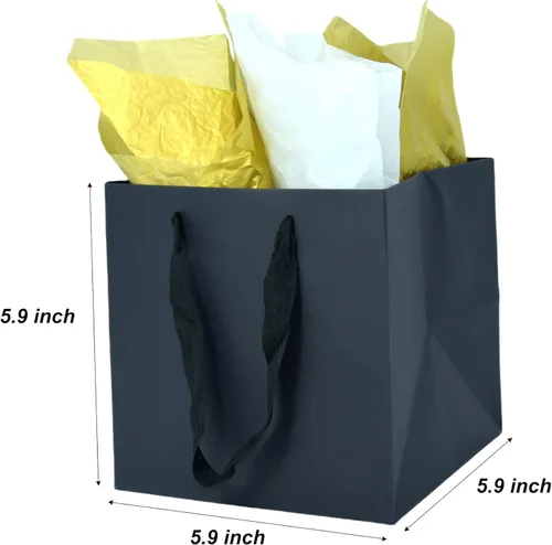 Vista 2 de JUNESHE Bolsas de regalo cuadradas pequeñas con papel de seda, color negro, paquete de 2, 5.9 pulgadas Bolsas de papel con asas para cumpleaños