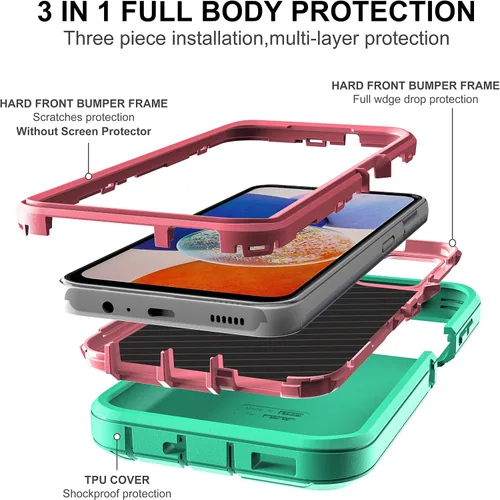 Vista 4 de Funda para Samsung Galaxy A14 5G, 3 en 1, protección resistente a prueba de golpes con 2 protectores de pantalla de vidrio templado, color azul Azul