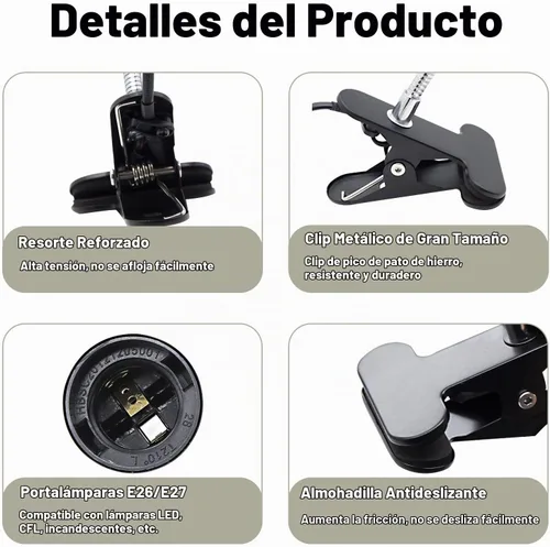 Vista 4 de Soporte de Lámpara con Clip Ajustable Interruptor Luz de Clip Flexible Soporte de Lámpara con Clip Soporte de Lámpara de Escritorio con Clip Zócalo