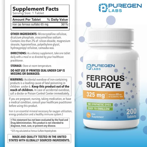 Vista 2 de Puregen Labs - Suplemento de hierro de alta potencia con sulfato ferroso de 325 mg (65 mg de hierro elemental), sin aditivos de color artificial