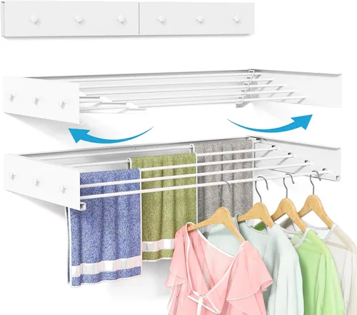 Vista 8 de BAKON - Estante de secado de ropa montado en la pared de 23.6 pulgadas, ahorro de espacio para lavandería Blanco