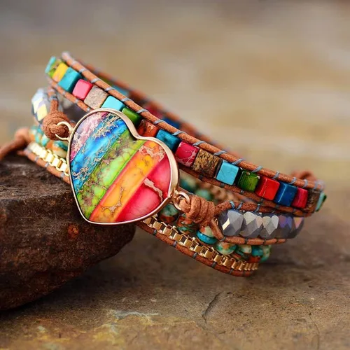 Vista 2 de Pulsera de piedras preciosas de corazón natural para curación de 7 chakras, energía de meditación, protección espiritual, equilibrio de salud