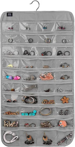 Vista 13 de BB Brotrade Organizador colgante de joyas, organizador de accesorios, organizador de 80 bolsillos para guardar joyas (beige)