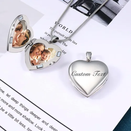 Vista 4 de Fanery sue Collar con medallón de corazón personalizado para mujer que sostiene fotos, medallones de fotos de memoria personalizables