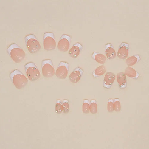 Vista 2 de 24 uñas postizas cortas, cuadradas, punta francesa blanca, pegamento, uñas postizas acrílicas con diseño de diamantes de imitación, uñas adhesivas