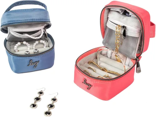 Vista 5 de Lug Swizzle - Mini joyero de viaje, organizador compacto con rollos de anillo, soporte para aretes, bolsa para collar y cierre de cremallera, negro