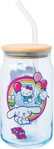 Vista 9 de Silver Buffalo Sanrio - Vaso de vidrio con tapa de bambú y sorbete de vidrio de fotos de Badtz-Maru, 16 onzas