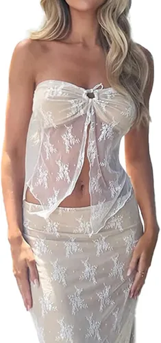 Vista 6 de Conjunto de 2 piezas de falda larga para mujer, Y2K con cordones en la espalda, camiseta sin mangas, falda larga, falda larga, verano, fiesta, club