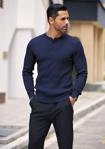 Vista 3 de COOFANDY Suéter de punto Henley para hombre, manga larga, con botones, ligero, para otoño, ajustado, acanalado