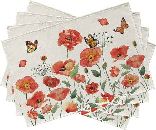 Vista 8 de Seliem Camino de mesa de flores de amapola roja primaveral, acuarela patriótica floral mariposa para el hogar, cocina, decoración botánica, día