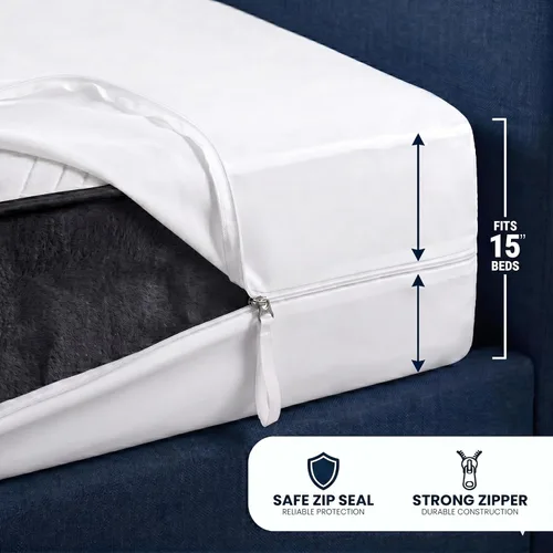 Vista 8 de EcoLaire - Protector de colchón tamaño Queen, impermeable, a prueba de ácaros, 6 lados con 3 cremalleras laterales, 60 x 80 x 13 pulgadas