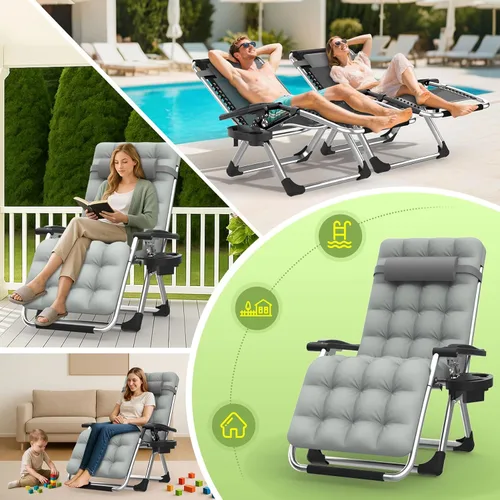 Vista 7 de Suteck Silla de Gravedad Cero, Silla de Camping Reclinable con Cojín Removible, Bloqueo Mejorado y Portavasos, Sillas Reclinables de Patio Plegables