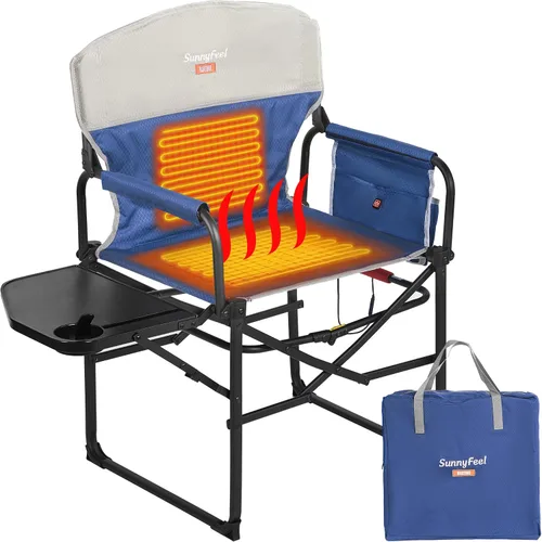 Vista 8 de SUNNYFEEL Silla de Camping con Calefacción para Directores, Silla Plegable Portátil de Gran Tamaño para Exteriores con Mesa Lateral, Bolsillo