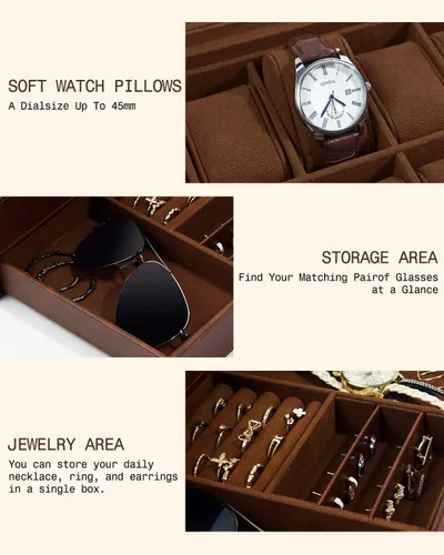 Vista 5 de GUKA Caja de reloj, caja de reloj con 12 ranuras, fundas de reloj para hombres con tapa de cristal real, organizador de reloj de cuero sintético