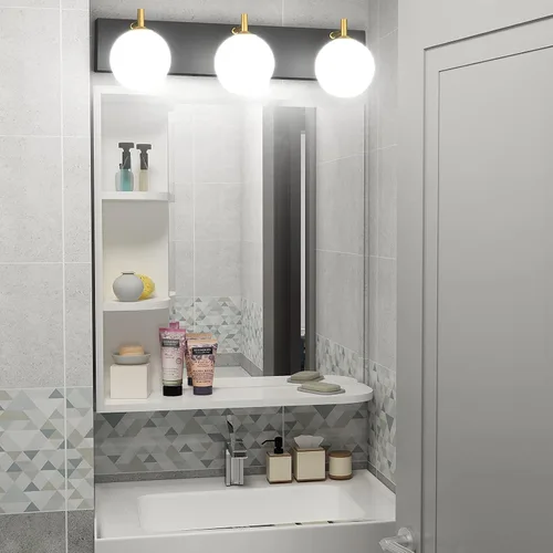 Vista 6 de Aipsun Lámpara de tocador de baño moderna de mediados de siglo, 3 luces, pantallas de vidrio blanco lechoso, lámpara de baño negro/dorado