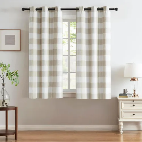 Vista 13 de Cortinas cortas de lino texturizado con diseño de búfalo blanco y negro a cuadros, 100% opacas con forro, paneles de estilo granja