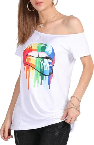 Vista 44 de MAGICMK - Camiseta casual para mujer, con estampado de labios y hombro descubierto, talla extragrande