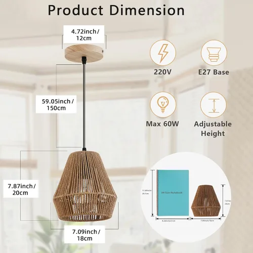 Vista 4 de Lámpara colgante de ratán tejido bohemio, 7 pulgadas, mini lámpara colgante con jaula de trabajo manual, iluminación colgante pequeña natural