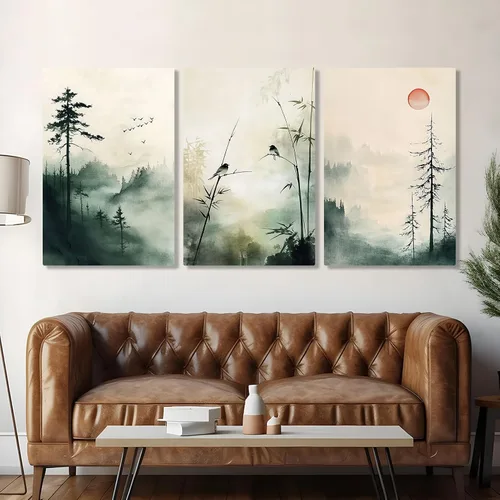 Vista 3 de Sutanun Lienzo de paisaje abstracto japonés para pared, impresión de bosque brumoso verde de tres paneles con pájaros y árboles, arte minimalista
