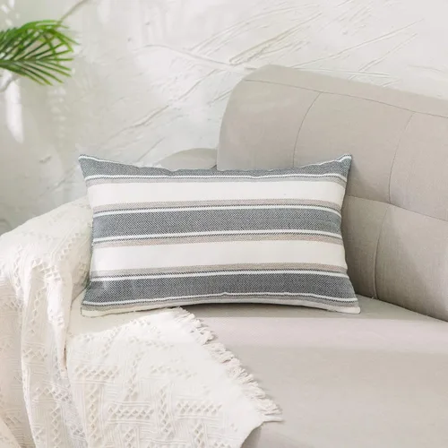 Vista 16 de Funda de almohada a rayas de lino sintético suave cuadrada decorativa con cremallera oculta para sofá, auto o dormitorio 12" x 12" Negro y blanco