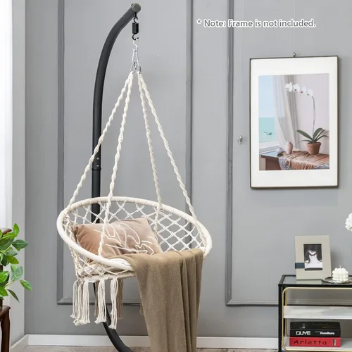 Vista 2 de Tangkula Silla hamaca con cojín, estilo bohemio de macramé con kit de accesorios para colgar y correa, columpio de cuerda colgante para interiores