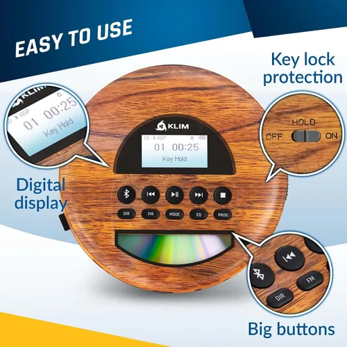 Vista 8 de KLIM Nomad Wood - Reproductor portátil de CD Walkman - Batería de larga duración - Incluye auriculares - Radio FM - Compatible con reproductor de CD