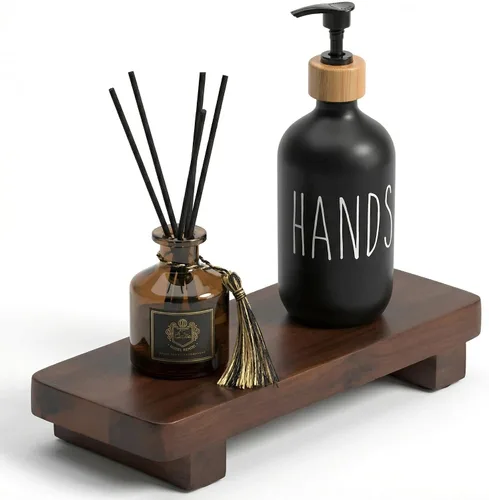 Vista 8 de Soporte de jabón con pedestal de madera de acacia de 9.8 x 4 pulgadas, elevador de madera maciza 100%, soporte rústico para velas y plantas