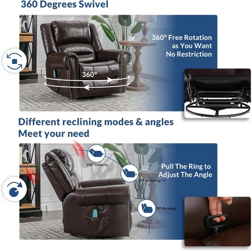 Vista 2 de Silla reclinable giratoria con calor y vibración, silla reclinable manual giratoria de 360°, silla reclinable mecedora de masaje con bolsillos