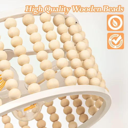 Vista 2 de Candelabro Bohemio de Cuentas de Madera Blanca - Moderna Lámpara de Techo para Guardería, Luz de Montaje Semiempotrado con Cuentas, Luces