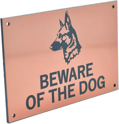 Vista 2 de Señal de Beware of the Dog (pastor alemán), advertencia fácil de ver, aviso para interiores y exteriores, letrero disuasorio (cobre)