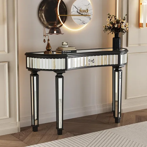 Vista 4 de SSLine Mesa consola de espejo para sala de estar de 47 pulgadas, mesa de entrada con espejo de media luna con cristal estriado y perilla de cristal