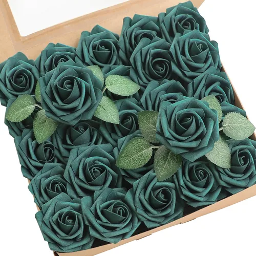 Vista 64 de Floroom Flores artificiales, 25 piezas de rosas falsas de espuma dorada antigua de aspecto real con tallos para ramos de boda DIY, centros de mesa