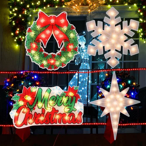 Vista 3 de 4 piezas de decoración de silueta de ventana de Navidad iluminada, estrella de Belén, feliz Navidad, copo de nieve, corona para ventana, decoración