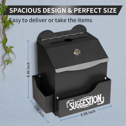 Vista 2 de Ydocabinit Caja de sugerencias de metal con letras de sugerencias, montaje en pared y mesa con soporte para bolígrafo con candado, 50 tarjetas
