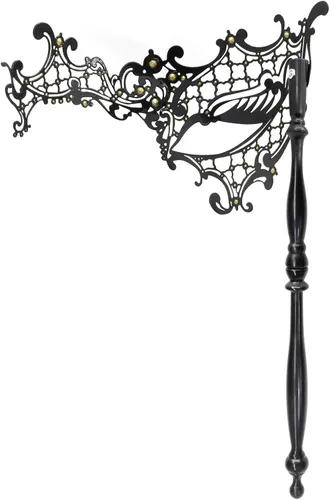 Vista 8 de Thmyo Máscara veneciana de fiesta de Mardi Gras de Halloween con palo de sujeción, máscara de mano con plumas de metal y diamantes de imitación