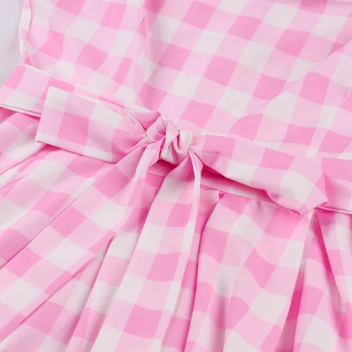 Vista 4 de ODASDO Vestido de cuadros rosa para mujer, estilo vintage, Rockabilly de los años 50, con tirantes delgados, acampanado, vestido midi para cóctel