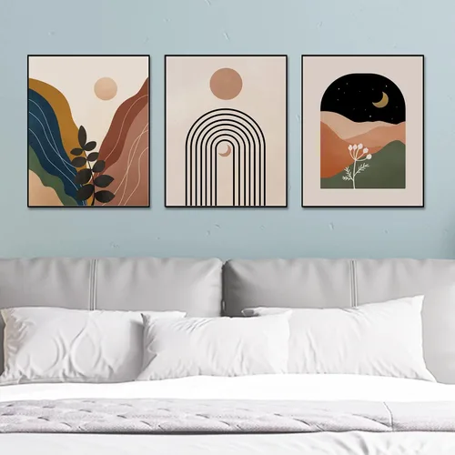 Vista 4 de ZEARPT Juego de 3 impresiones bohemias modernas de mediados de siglo, arte minimalista de terracota, arte de galería de arte, impresiones