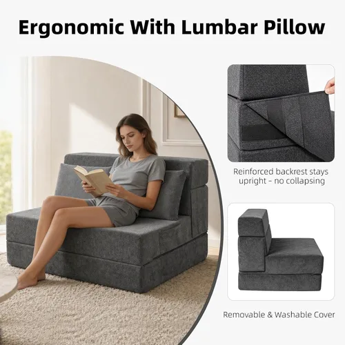 Vista 5 de Sofá cama plegable, silla convertible con almohada Gris oscuro