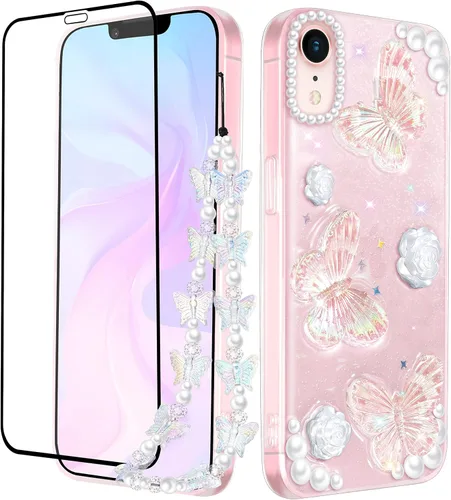 Vista 7 de Funda 3 en 1 para iPhone SE/7/8: diseño de mariposa 3D, purpurina, brillante, cristal, estilo lindo femenino, cadena y protector de pantalla