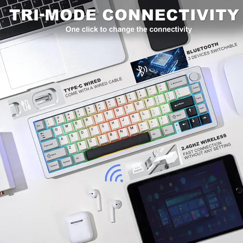 Vista 3 de YUNZII Teclado mecánico inalámbrico AL66, CNC de aluminio completo, control de perilla del 65%, Bluetooth2.4Gcableado, interruptores prelubricados