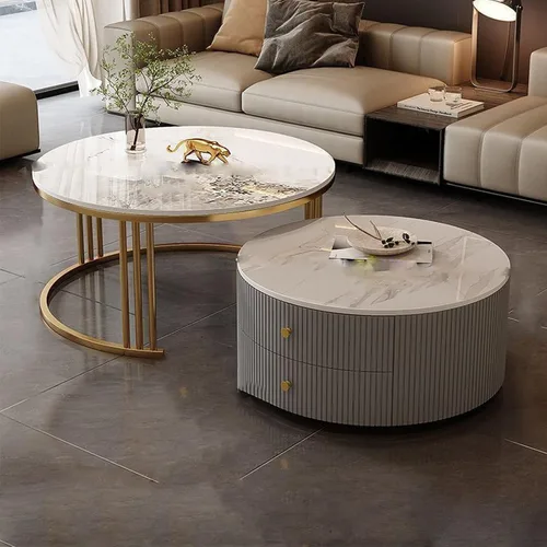 Vista 13 de Mesa de centro redonda anidable, mesas de centro redondas con almacenamiento para sala de estar, mesa de centro para sala minimalista, mesa