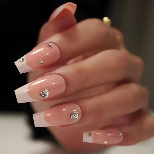 Vista 11 de Uñas postizas a presión de almendra, color rosa degradado medio, con bonito diseño de conejo y gato, uñas postizas de estrella plateada, uñas
