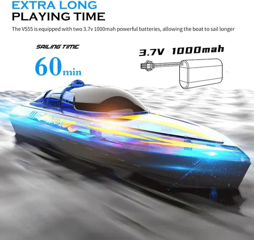 Vista 2 de Akargol Bote RC con LED - Barco de control remoto para piscinas y lagos 2.4 GHz, barcos RC con 2 baterías recargables, cuerpo completamente