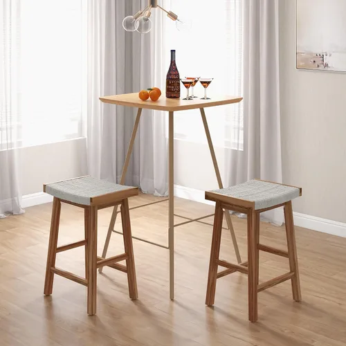 Vista 4 de COSTWAY Juego de 2 taburetes de comedor de 25.5 pulgadas de altura de mostrador con asiento tejido de algas marinas, madera de goma, marco de madera