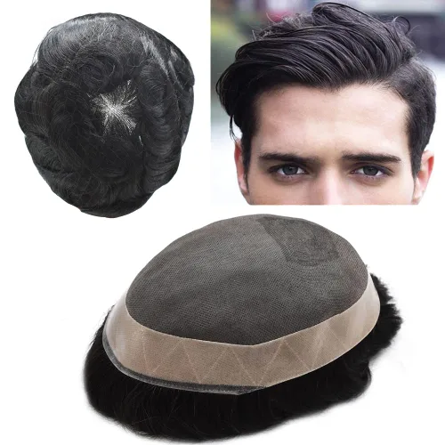 Vista 9 de Toupee - Pieza de cabello humano real para hombre, sistema de pelo tipo tupé para hombres, piezas de pelo fino mono polivinílico para hombre, pieza