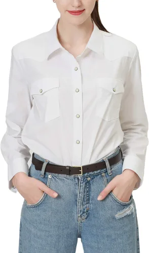 Vista 9 de PASHARTUK Camisas occidentales para mujer, camisas de manga larga de algodón para mujer con botones a presión, camisas a cuadros para mujer Beige