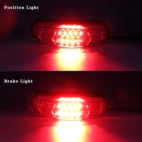 Vista 2 de Luz trasera universal transparente integrada para motocicleta con 25 LED con función de señal de giro, luz de posición y alerta de freno-parada