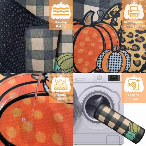 Vista 4 de Juego de 2 alfombras y tapetes de cocina de otoño, alfombras de cocina de Acción de Gracias, con respaldo antideslizante, decoraciones de otoño